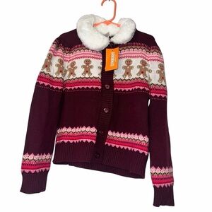 Gymboree girls Cardigan with Gingerbread Design removable fax fur collar 8 NWT